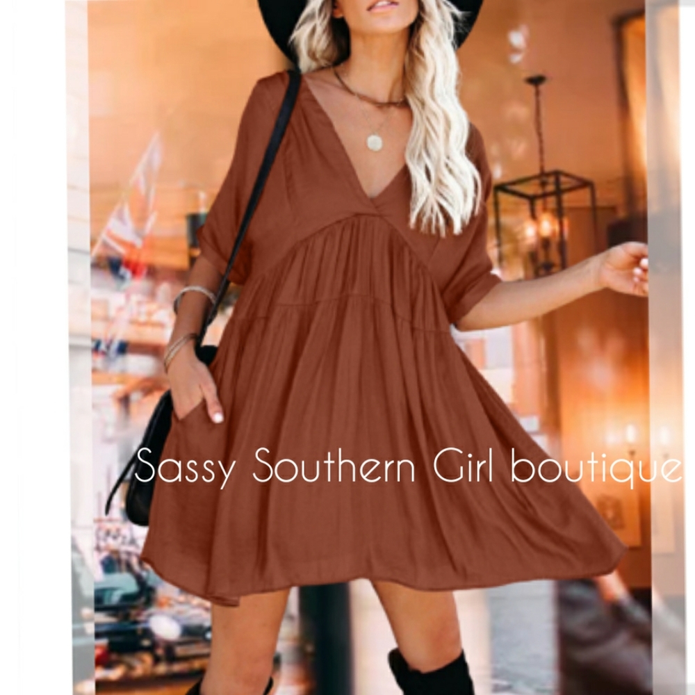 🆕⭐ Rust tassle tie babydoll dress